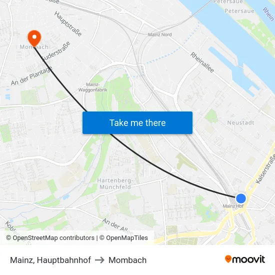Mainz, Hauptbahnhof to Mombach map