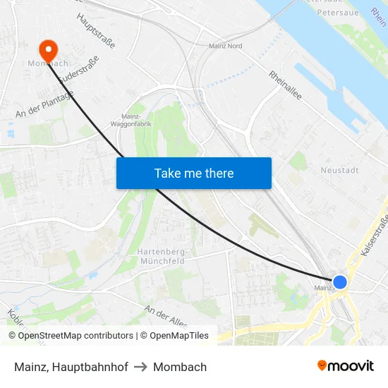 Mainz, Hauptbahnhof to Mombach map