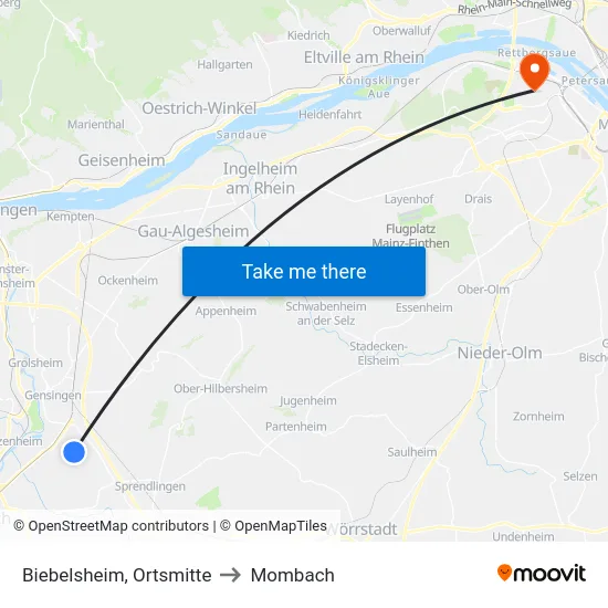 Biebelsheim, Ortsmitte to Mombach map