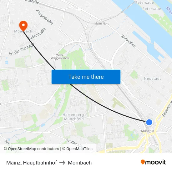 Mainz, Hauptbahnhof to Mombach map
