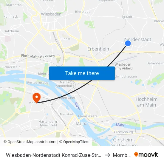 Wiesbaden-Nordenstadt Konrad-Zuse-Str./Hainpark to Mombach map