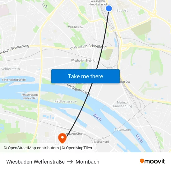 Wiesbaden Welfenstraße to Mombach map
