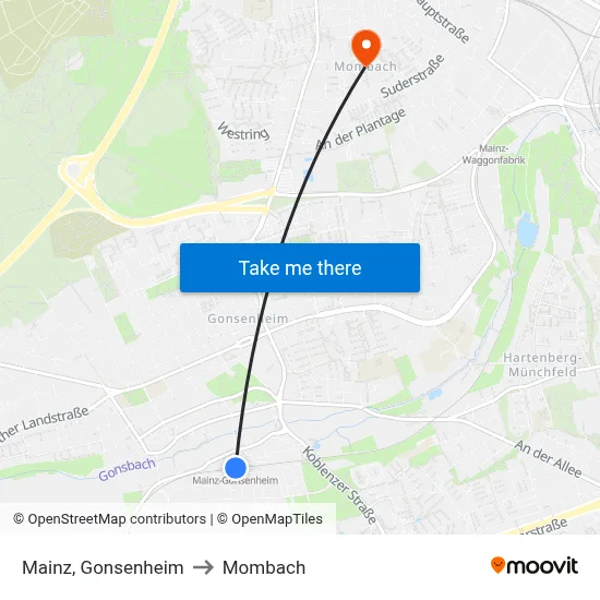 Mainz, Gonsenheim to Mombach map