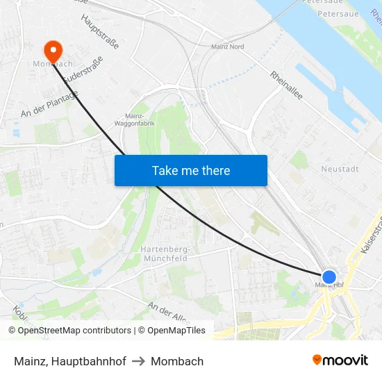 Mainz, Hauptbahnhof to Mombach map
