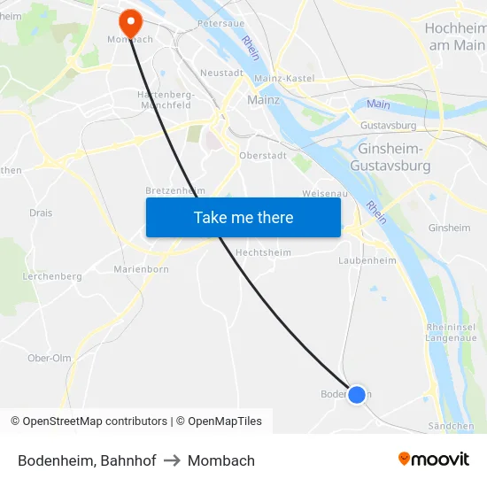 Bodenheim, Bahnhof to Mombach map