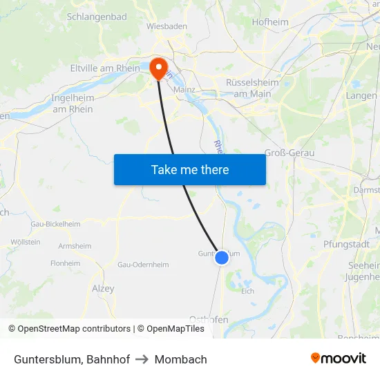 Guntersblum, Bahnhof to Mombach map