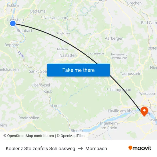Koblenz Stolzenfels Schlossweg to Mombach map