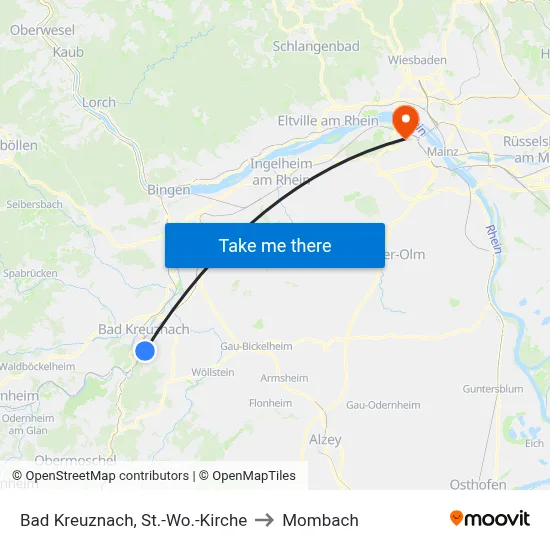 Bad Kreuznach, St.-Wo.-Kirche to Mombach map