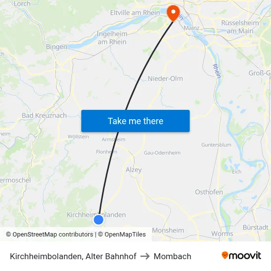 Kirchheimbolanden, Alter Bahnhof to Mombach map