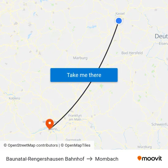 Baunatal-Rengershausen Bahnhof to Mombach map