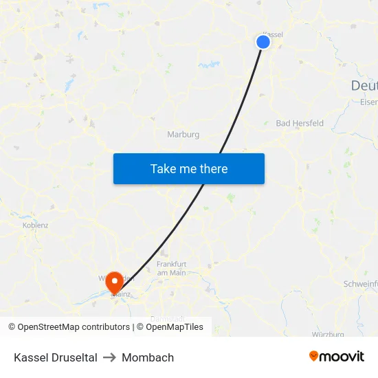 Kassel Druseltal to Mombach map