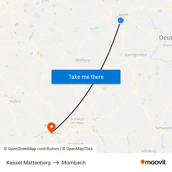 Kassel Mattenberg to Mombach map