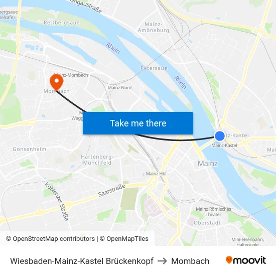 Wiesbaden-Mainz-Kastel Brückenkopf to Mombach map
