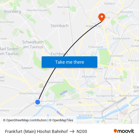 Frankfurt (Main) Höchst Bahnhof to N200 map