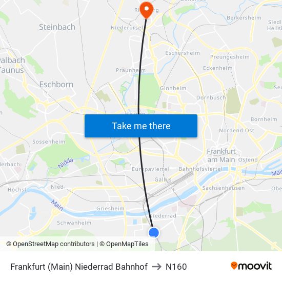 Frankfurt (Main) Niederrad Bahnhof to N160 map