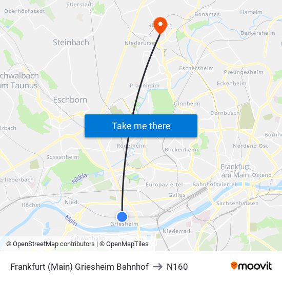 Frankfurt (Main) Griesheim Bahnhof to N160 map