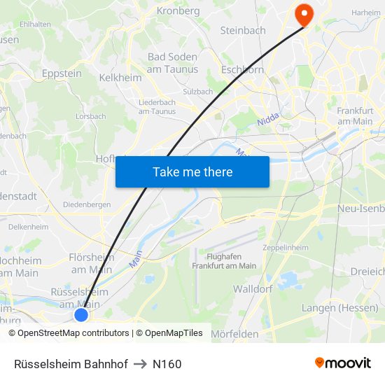 Rüsselsheim Bahnhof to N160 map