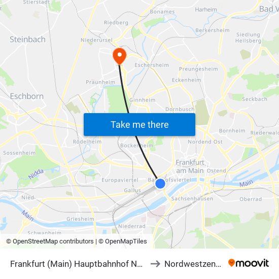 Frankfurt (Main) Hauptbahnhof Nordseite to Nordwestzentrum map