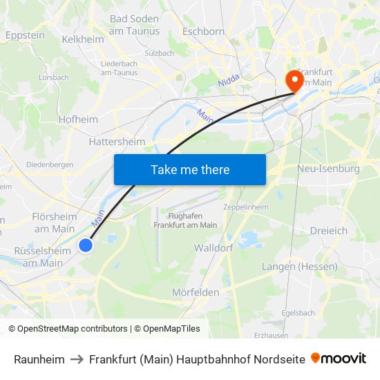 Raunheim to Frankfurt (Main) Hauptbahnhof Nordseite map