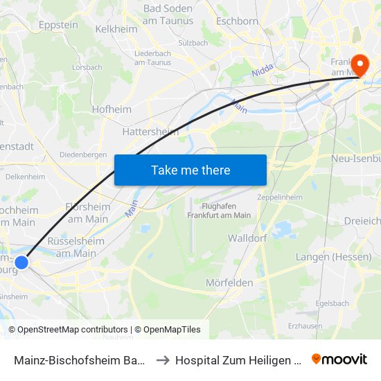 Mainz-Bischofsheim Bahnhof to Hospital Zum Heiligen Geist map