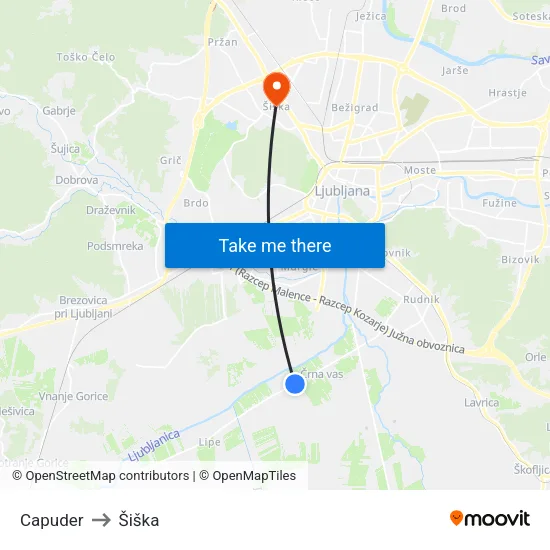Capuder to Šiška map