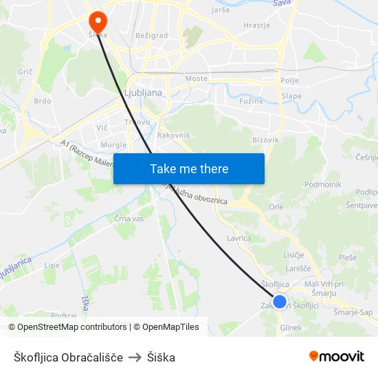 Škofljica Obračališče to Šiška map