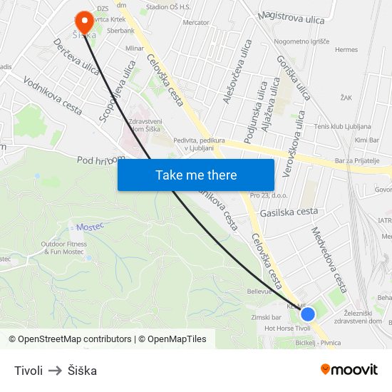 Tivoli to Šiška map