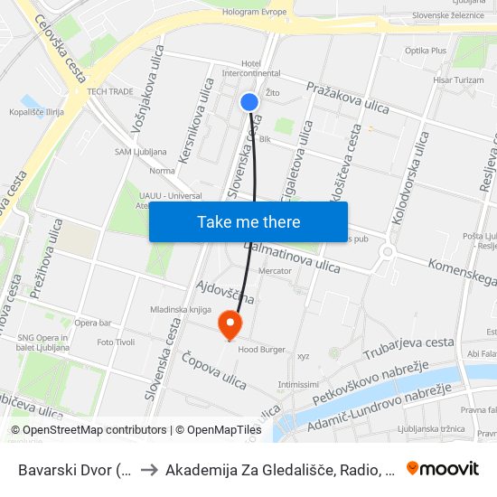 Bavarski Dvor (Kozolec) to Akademija Za Gledališče, Radio, Film In Televizijo map