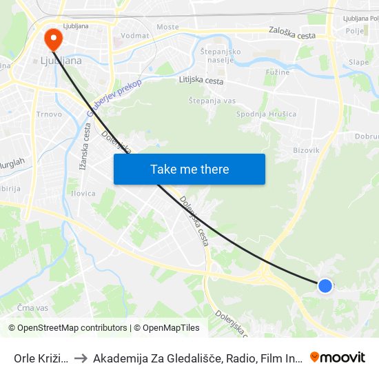 Orle Križišče to Akademija Za Gledališče, Radio, Film In Televizijo map