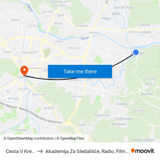 Cesta V Kresnice to Akademija Za Gledališče, Radio, Film In Televizijo map