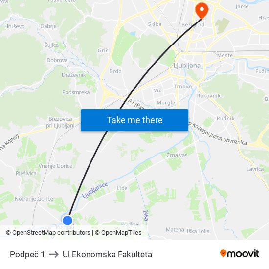 Podpeč 1 to Ul Ekonomska Fakulteta map