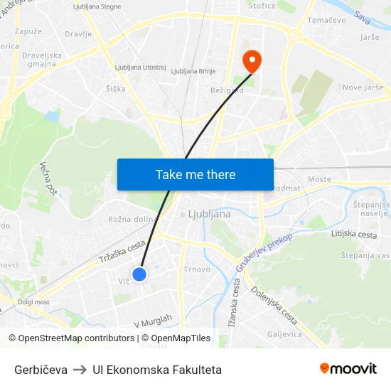 Gerbičeva to Ul Ekonomska Fakulteta map