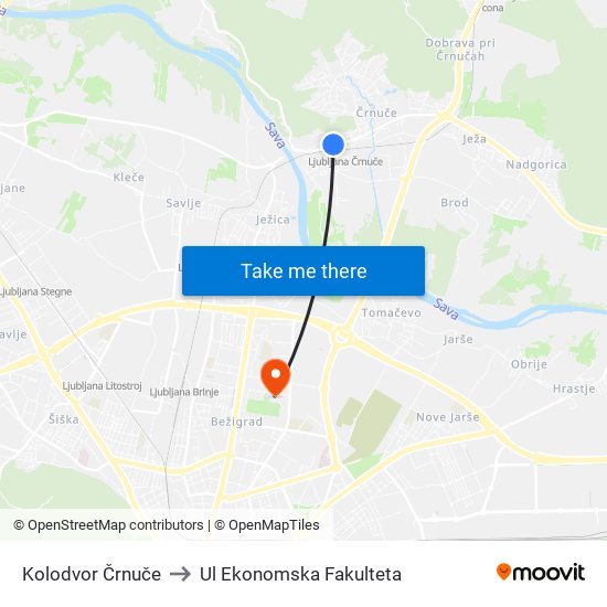 Kolodvor Črnuče to Ul Ekonomska Fakulteta map