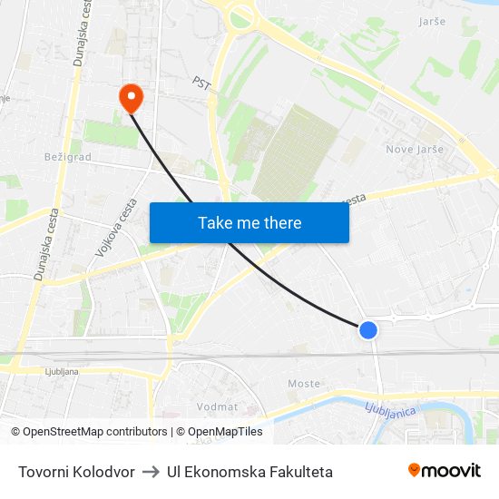 Tovorni Kolodvor to Ul Ekonomska Fakulteta map