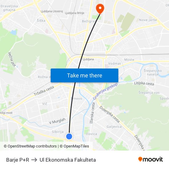 Barje P+R to Ul Ekonomska Fakulteta map