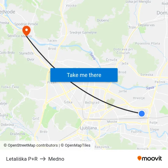 Letališka P+R to Medno map