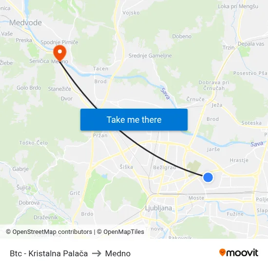 Btc - Kristalna Palača to Medno map