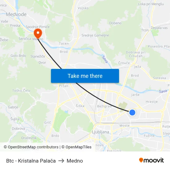 Btc - Kristalna Palača to Medno map