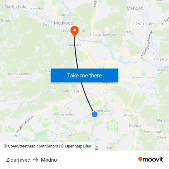 Zidarjevec to Medno map