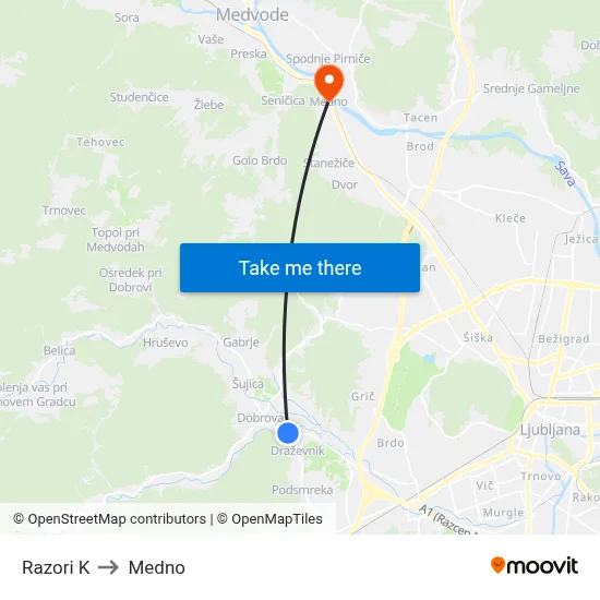 Razori K to Medno map