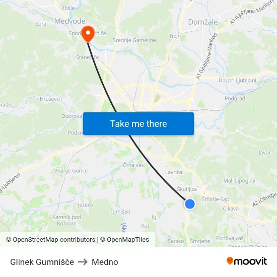 Glinek Gumnišče to Medno map