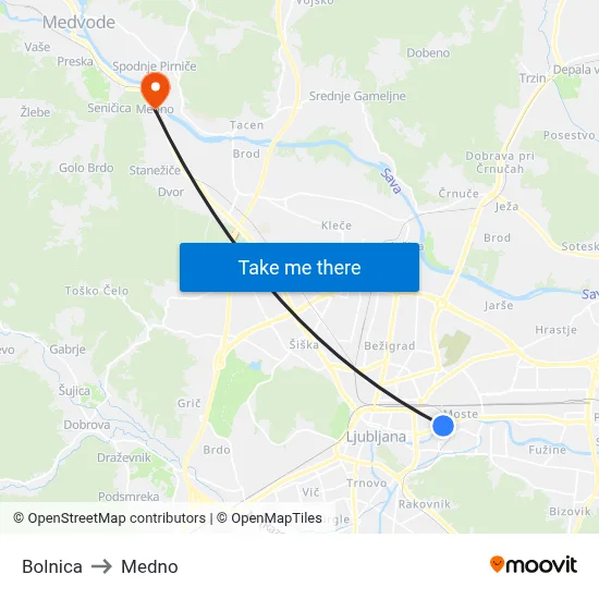 Bolnica to Medno map