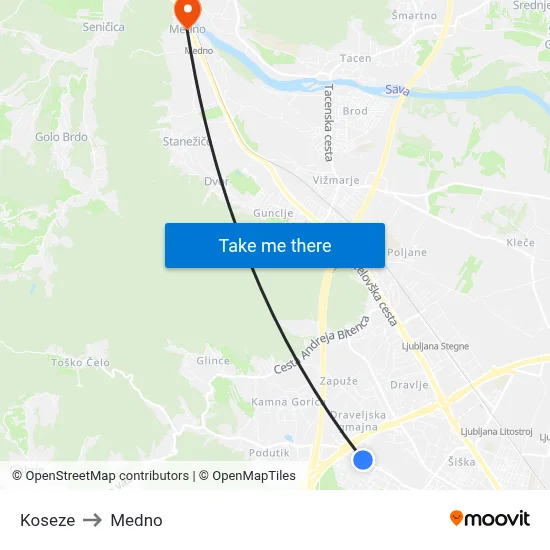 Koseze to Medno map