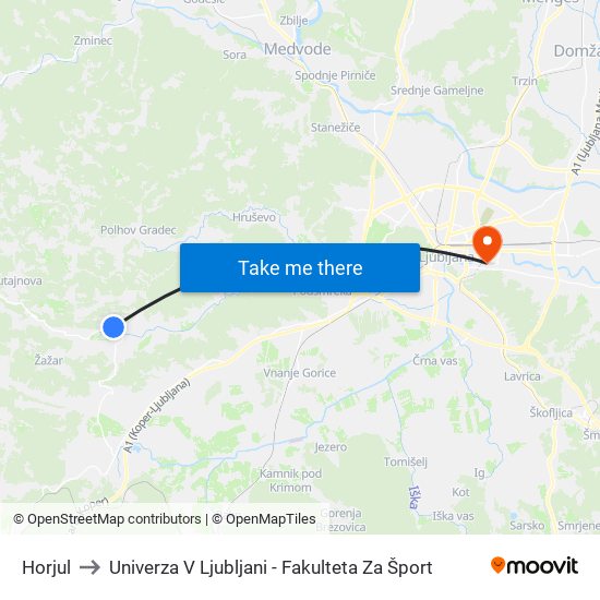 Horjul to Univerza V Ljubljani - Fakulteta Za Šport map