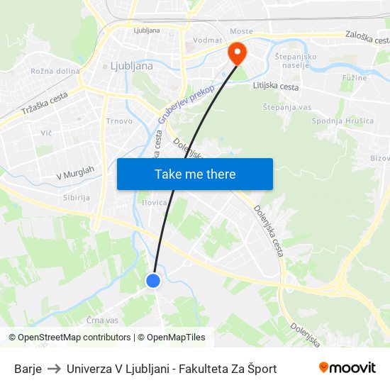 Barje to Univerza V Ljubljani - Fakulteta Za Šport map