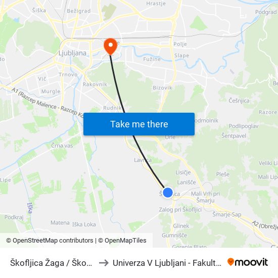 Škofljica Žaga / Škofljica Žaga to Univerza V Ljubljani - Fakulteta Za Šport map