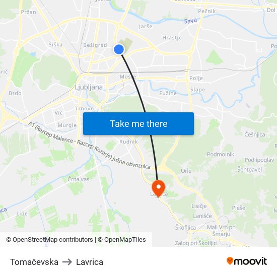 Tomačevska to Lavrica map