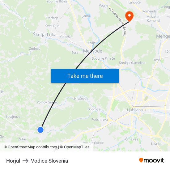 Horjul to Vodice Slovenia map