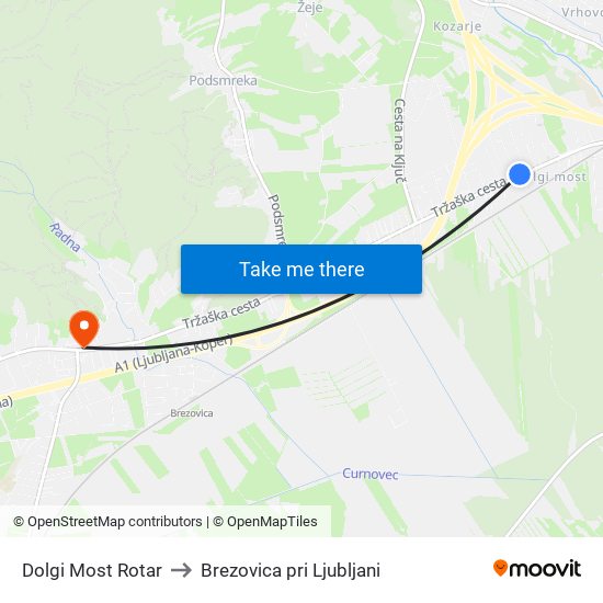 Dolgi Most Rotar to Brezovica pri Ljubljani map