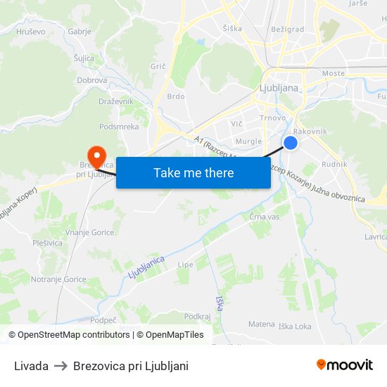 Livada to Brezovica pri Ljubljani map